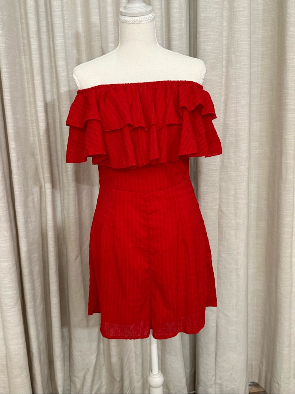 Red Ruffled Off-Shoulder Romper - Picture 3 of 6